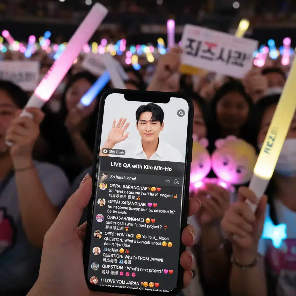 Dorama actor engaging with fans in a live virtual Q&A session on a mobile device.