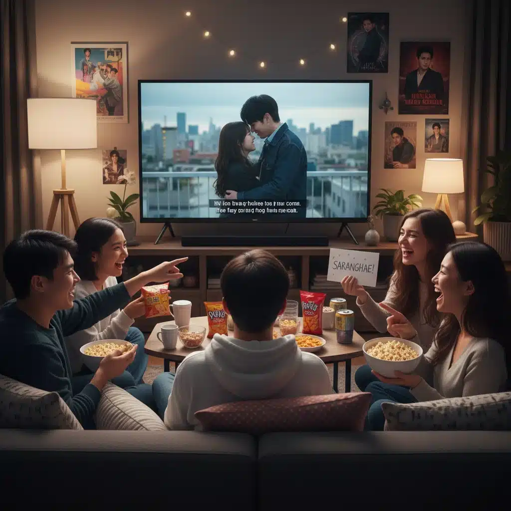 Diverse group of friends enjoying a dorama together, representing community viewing.