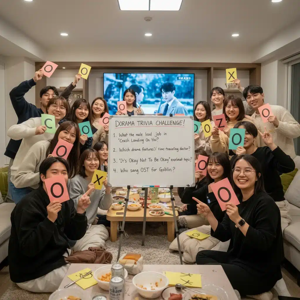 Dorama fans actively engaged in a fun trivia game during a watch party, answering questions about their favorite shows.