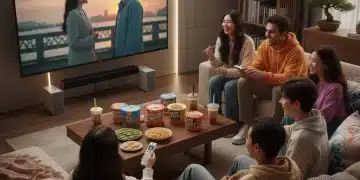 Friends enjoying a dorama watch party with snacks and themed decorations in a modern living room setting.