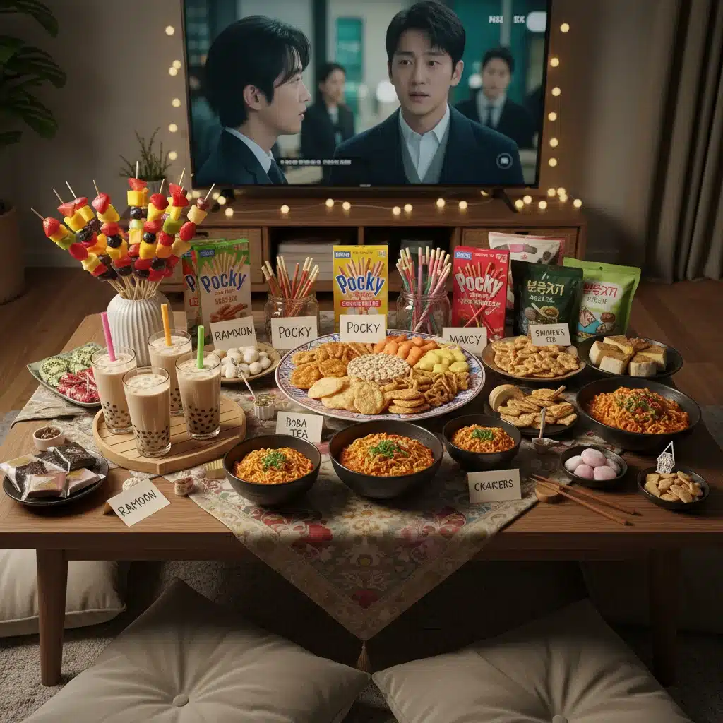 Delicious array of Asian-inspired snacks and drinks, including ramyeon and boba, perfectly set up for a dorama watch party.