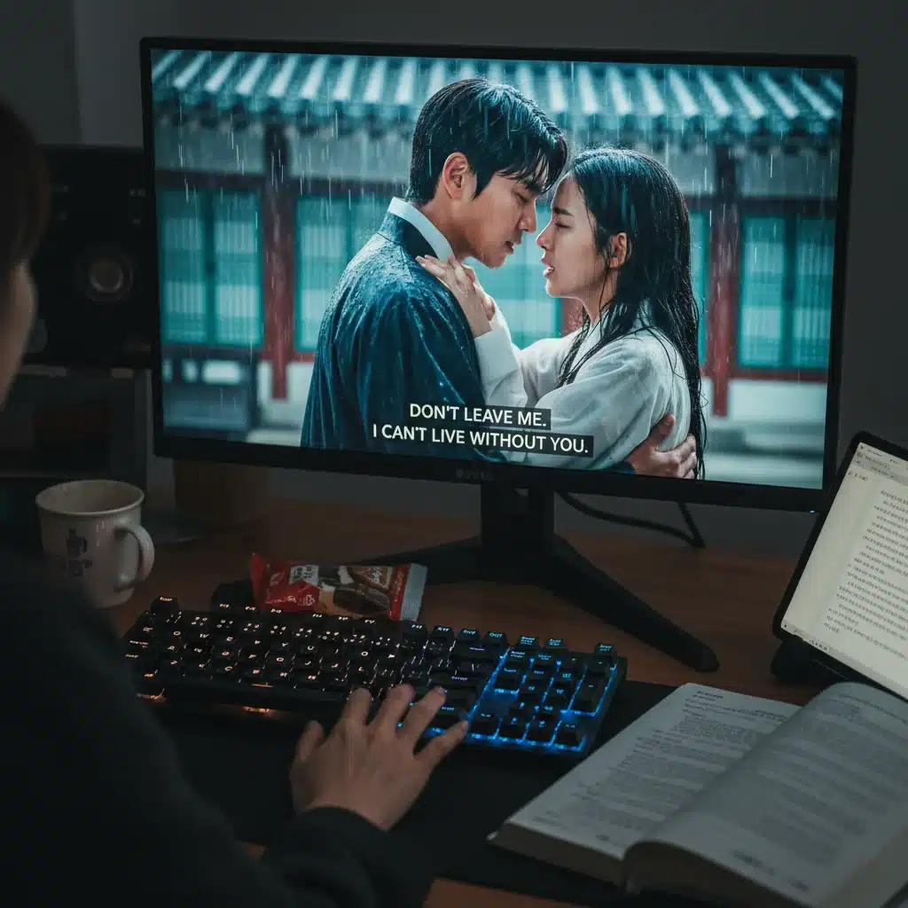 Computer screen showing dorama with English subtitles, illustrating fan translation work.