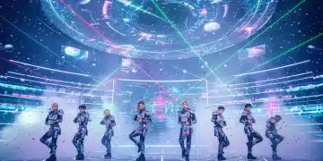 Futuristic K-Pop music video set with idols performing dynamic choreography, showcasing advanced production.