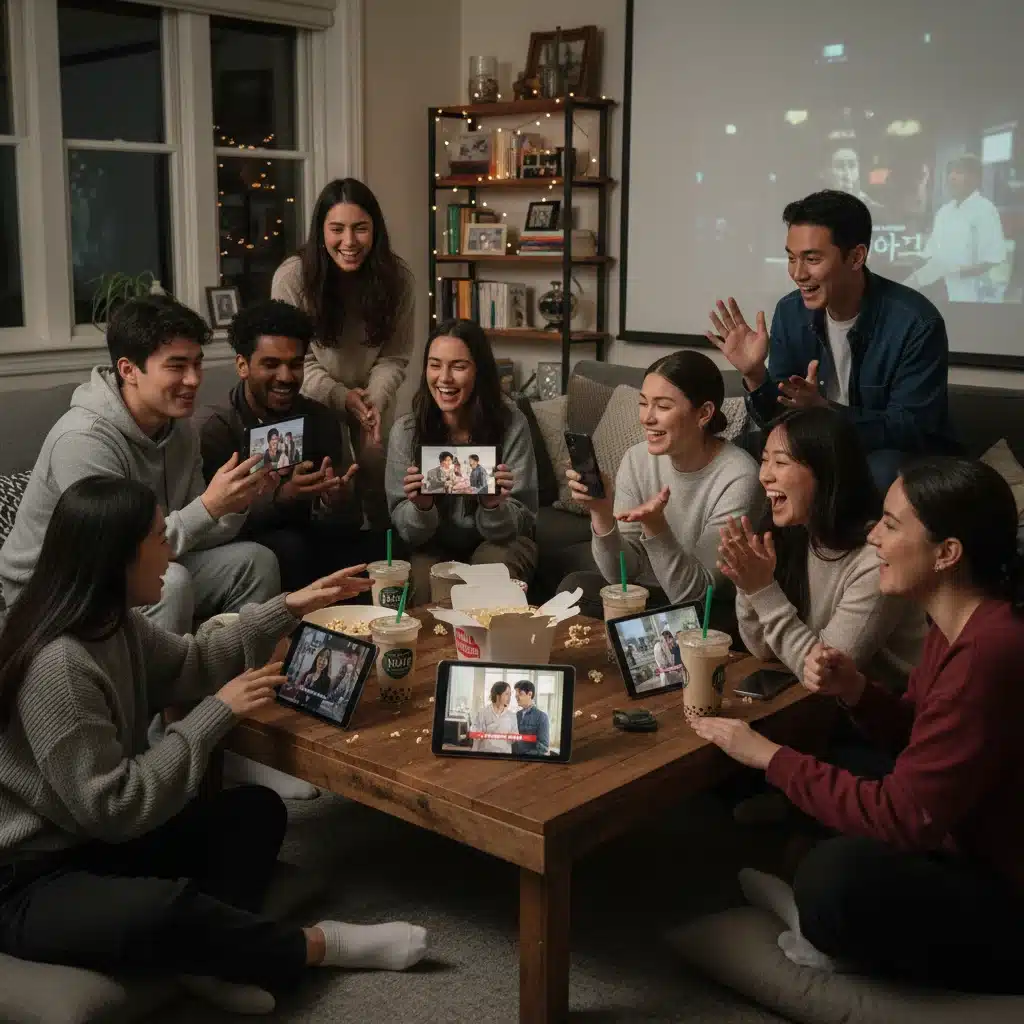 Diverse friends engaging in lively discussion about trending K-Dramas on their devices.