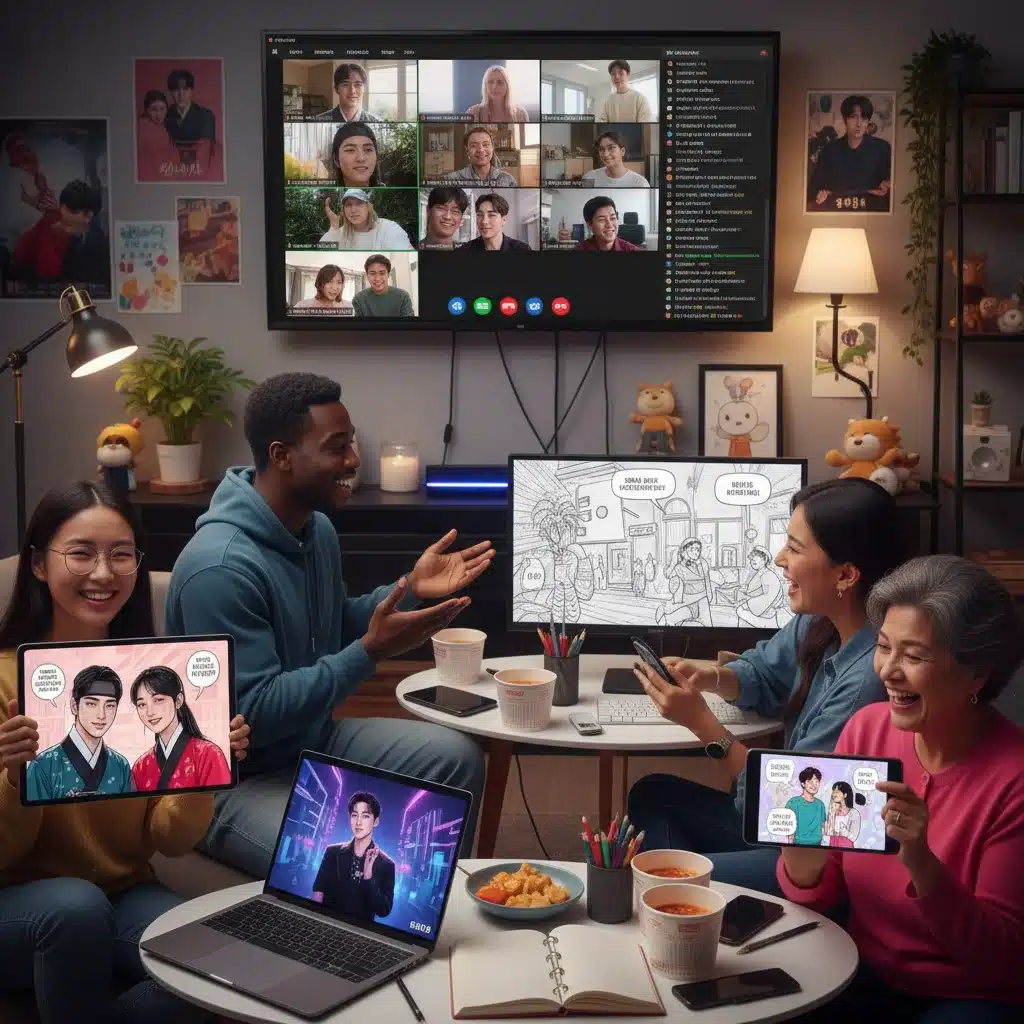 Diverse K-Drama fans collaborating on online fan art challenge, creative community.