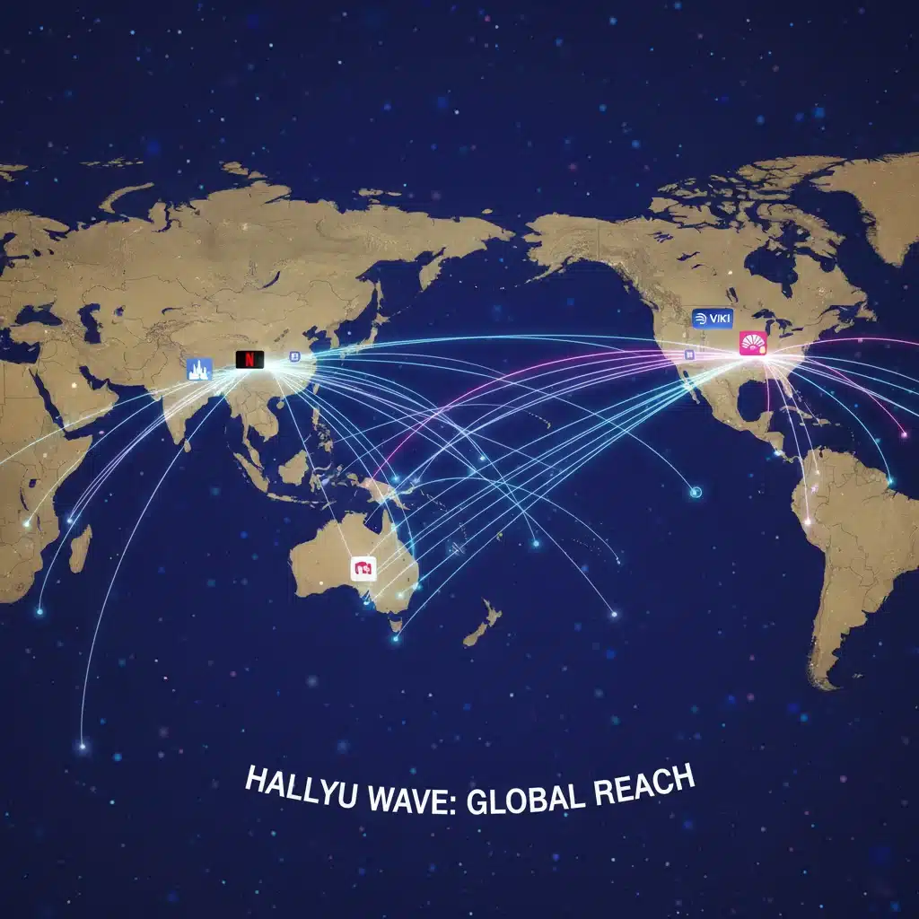 World map illustrating the global reach of K-Dramas and Hallyu wave to the US.