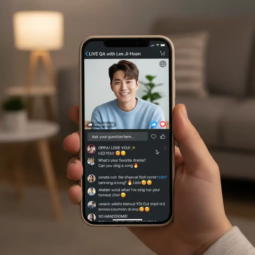 K-Drama fan watching live Q&A with actor on smartphone, engaging in real-time.