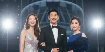 Three rising K-Drama stars on a red carpet, symbolizing their journey to U.S. recognition.