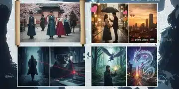Dynamic collage of popular K-Drama genres attracting U.S. streaming audiences in 2026.