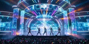 K-Pop group performing on a futuristic stage with bright lights and a large audience, symbolizing upcoming comebacks.