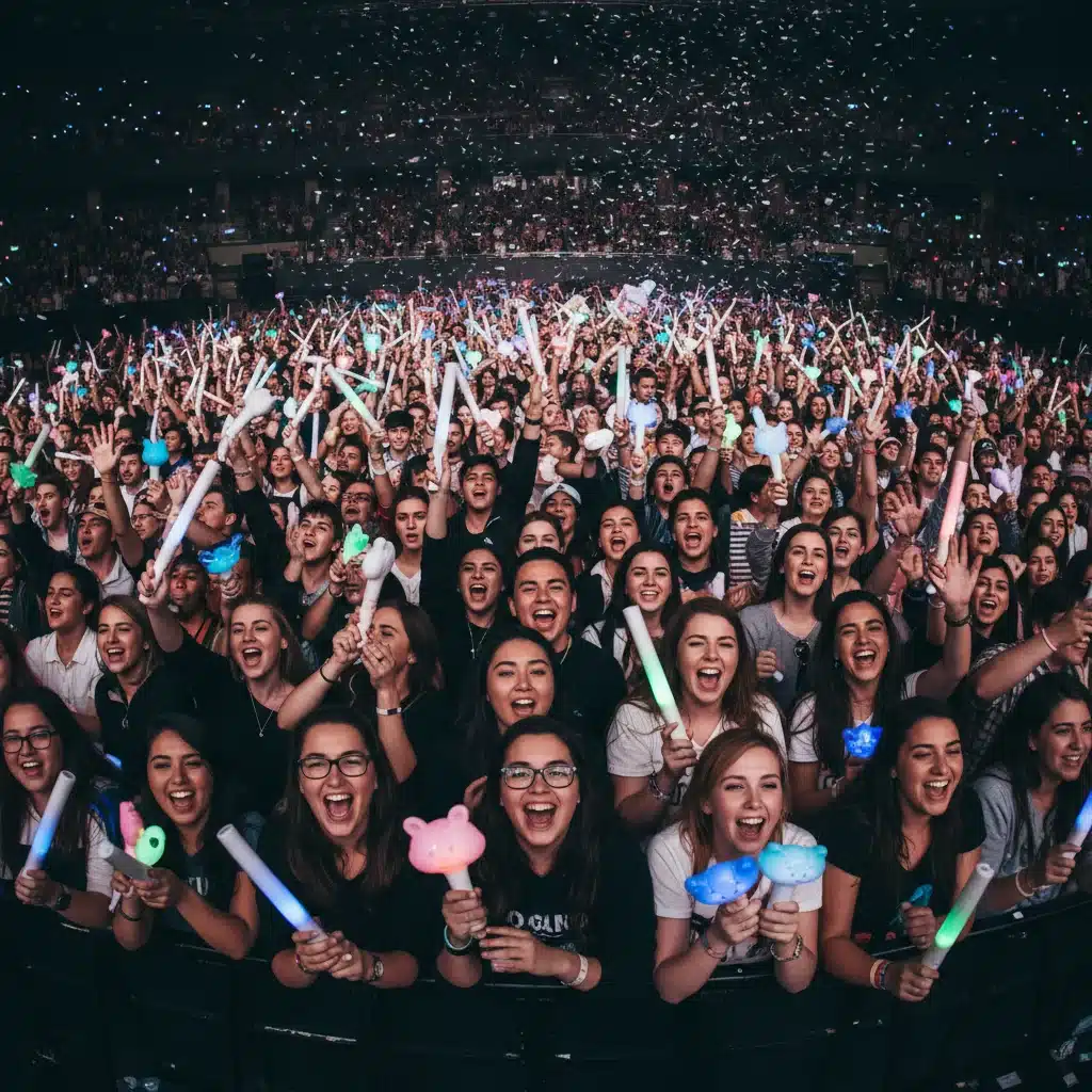 Enthusiastic K-Pop fans waving lightsticks at a concert, showing strong fan engagement.