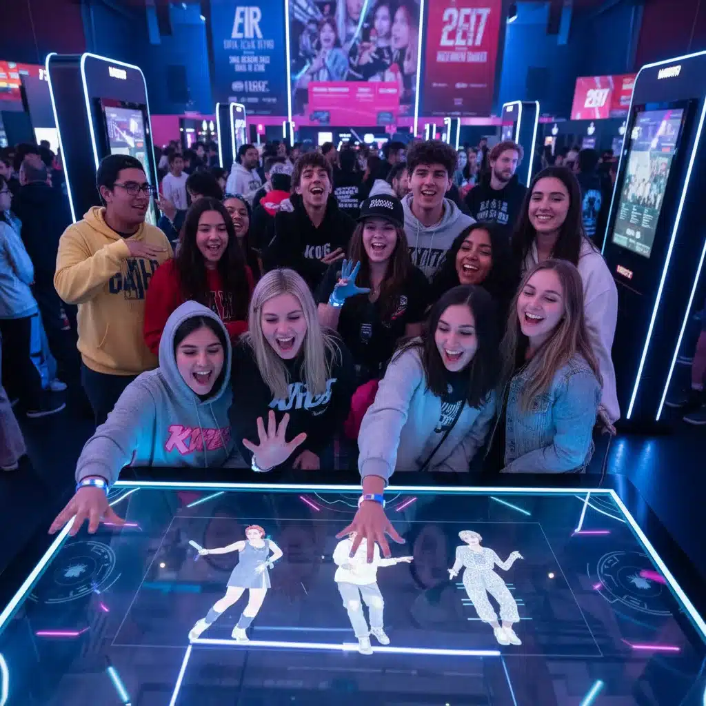 Excited K-Pop fans engaging with new interactive fan experience technology at a concert venue, reflecting enhanced engagement.