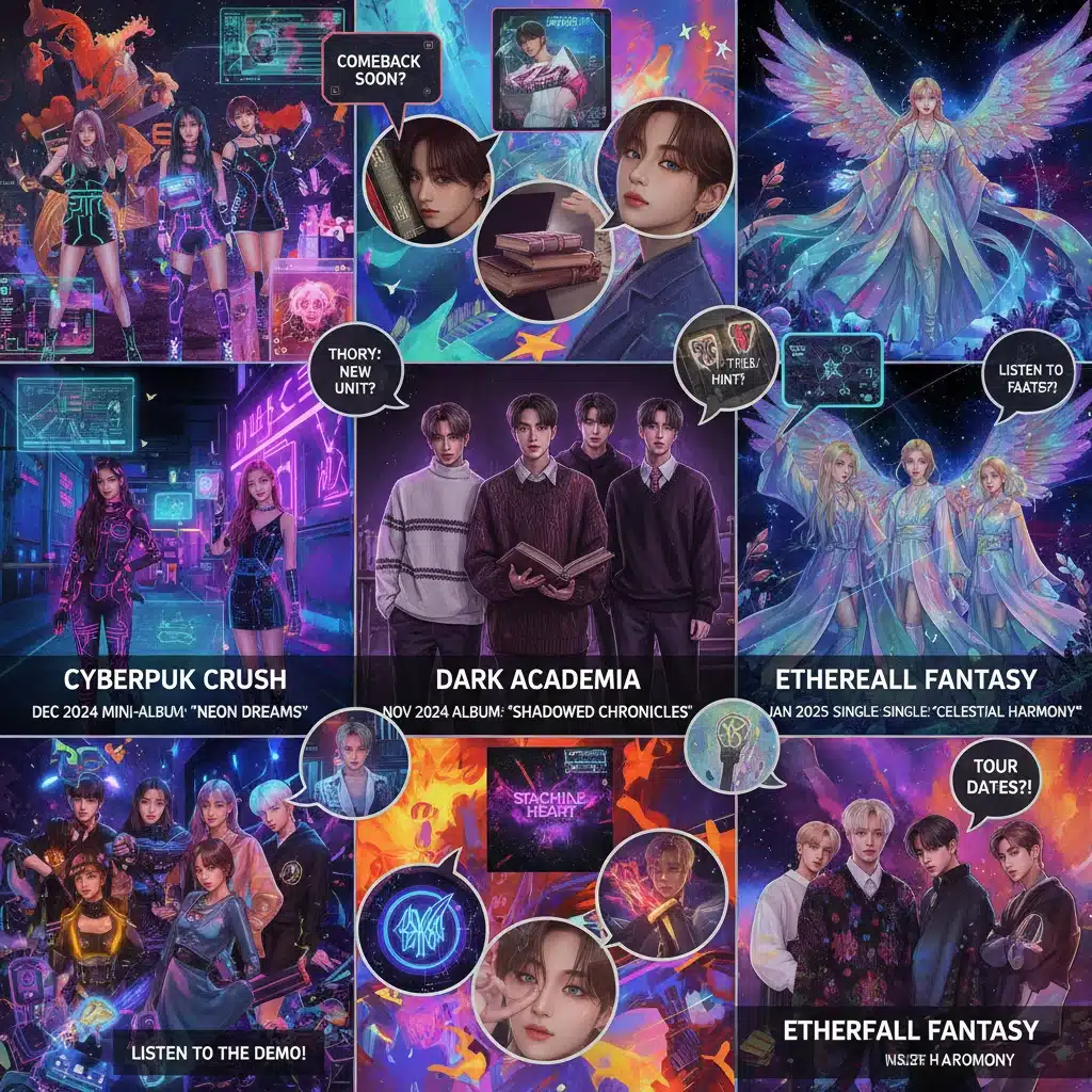 K-Pop fan theories and predictions collage with idol images and speculative comeback concepts.
