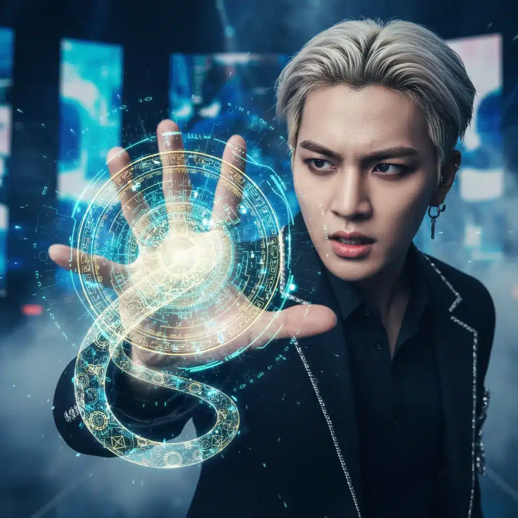 K-Pop idol interacting with augmented reality in a music video, showcasing advanced CGI.