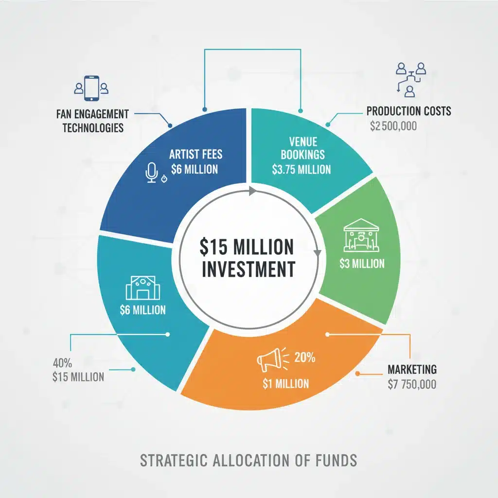 Infographic detailing the million K-Pop investment breakdown for 2026 tours, showing allocations for artists, venues, and production.