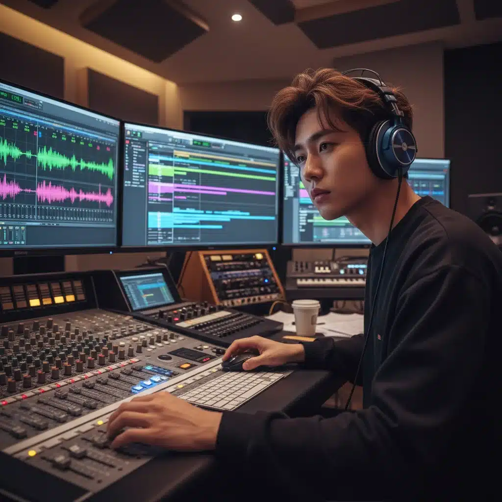 Music producer working in a recording studio, symbolizing the creation of new K-Pop music.