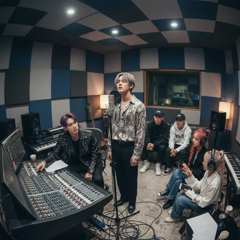 K-Pop idols collaborating in a modern recording studio, focused on producing new music for a sub-unit.