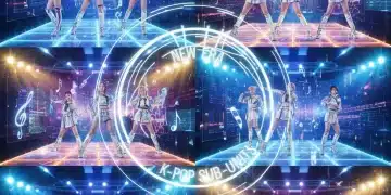 Dynamic collage of K-Pop sub-unit members, representing new groups forming in 2026, with futuristic lighting.