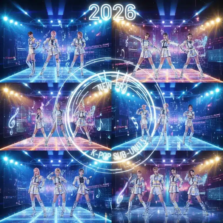 Dynamic collage of K-Pop sub-unit members, representing new groups forming in 2026, with futuristic lighting.