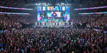 Dynamic K-Pop concert in a large US arena, vibrant lights, cheering fans, and a stage with LED screens for a 2026 tour.