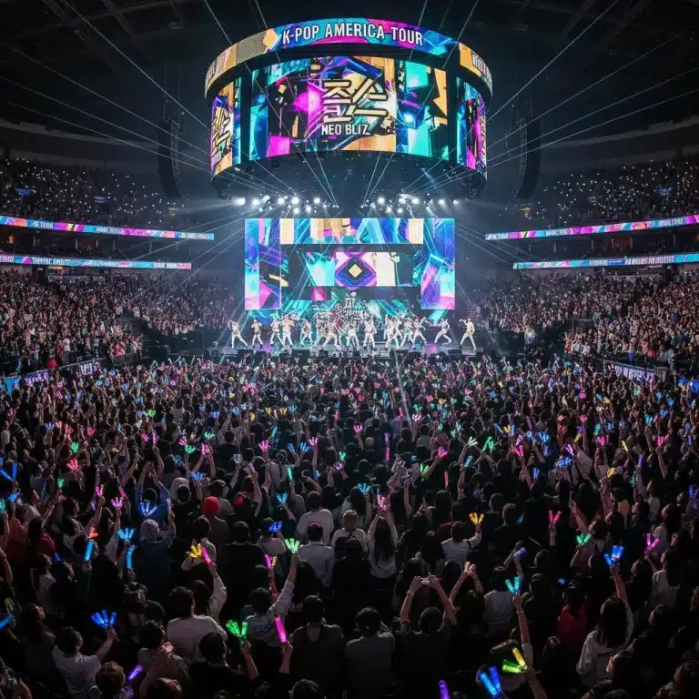 Dynamic K-Pop concert in a large US arena, vibrant lights, cheering fans, and a stage with LED screens for a 2026 tour.