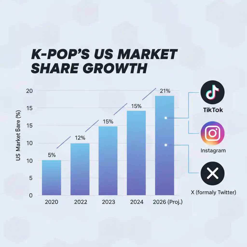 Infographic showing K-Pop market growth in US and social media platform impact.
