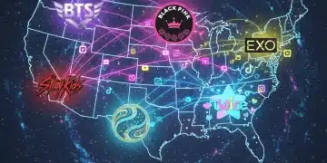 Top K-Pop groups dominating US social media engagement in 2026, vibrant digital art.