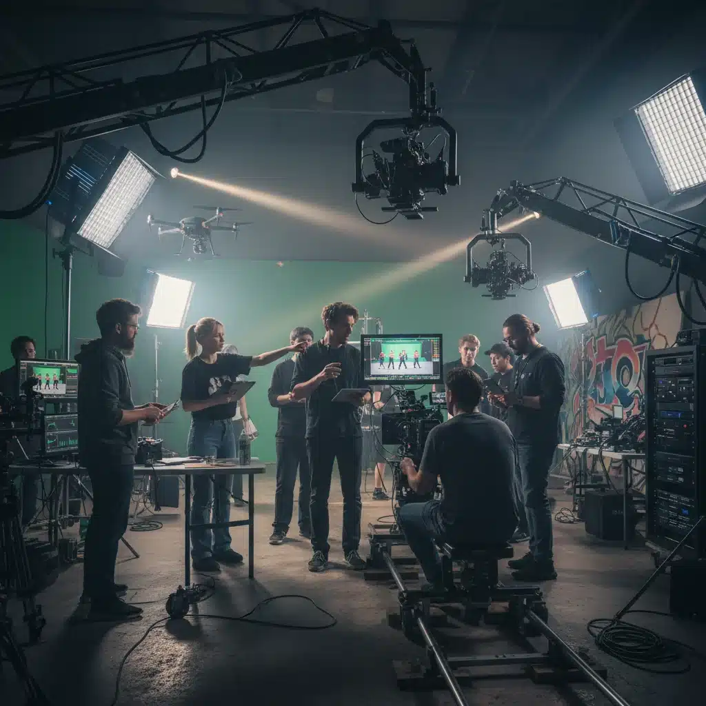 Behind-the-scenes K-Pop music video production, director reviewing footage with crew.