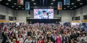 Excited dorama fans gather at a bustling convention hall, celebrating their favorite Asian dramas.