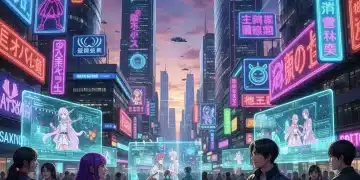 Futuristic cityscape with dorama characters and fan fiction symbols merging, reflecting cultural and creative fusion.