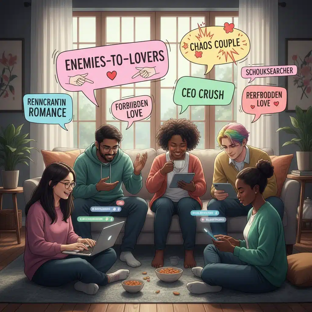 Diverse dorama fans discussing online, with fan fiction tropes and dorama themes in speech bubbles.