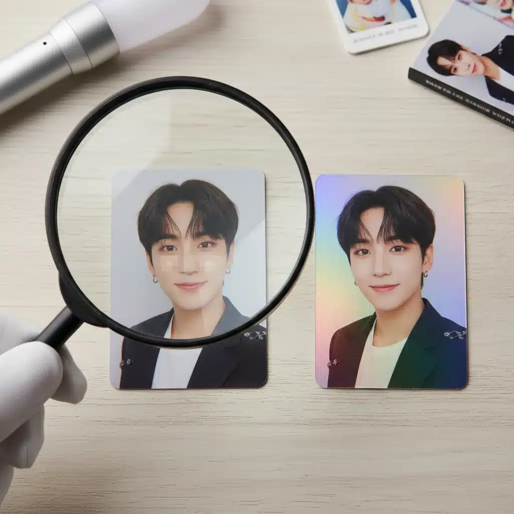 Comparing a fake K-Pop photo card with an authentic one, showing quality differences.