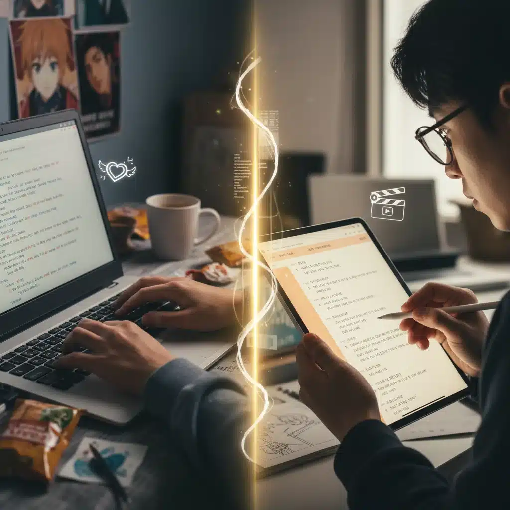 Fan fiction writer's hands typing and dorama director reviewing script, symbolizing creative connection.