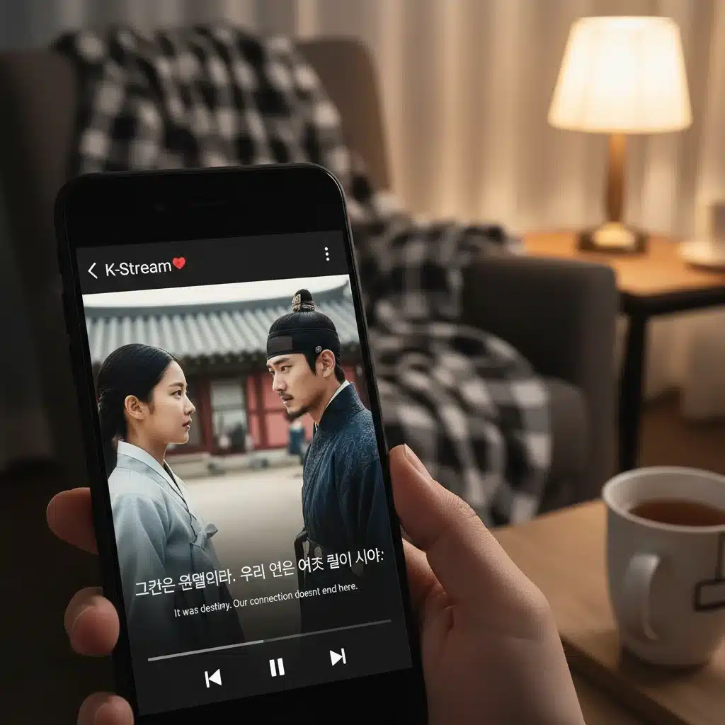 Smartphone displaying an exclusive K-drama on a lesser-known streaming app in a cozy setting.