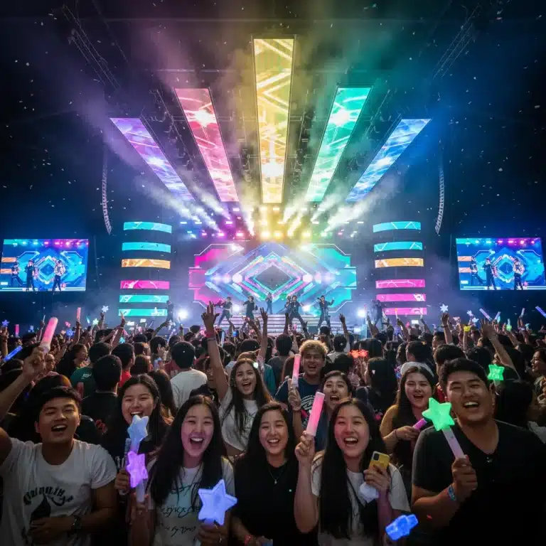 Diverse K-Pop fans at a vibrant concert with lightsticks, showing global engagement.