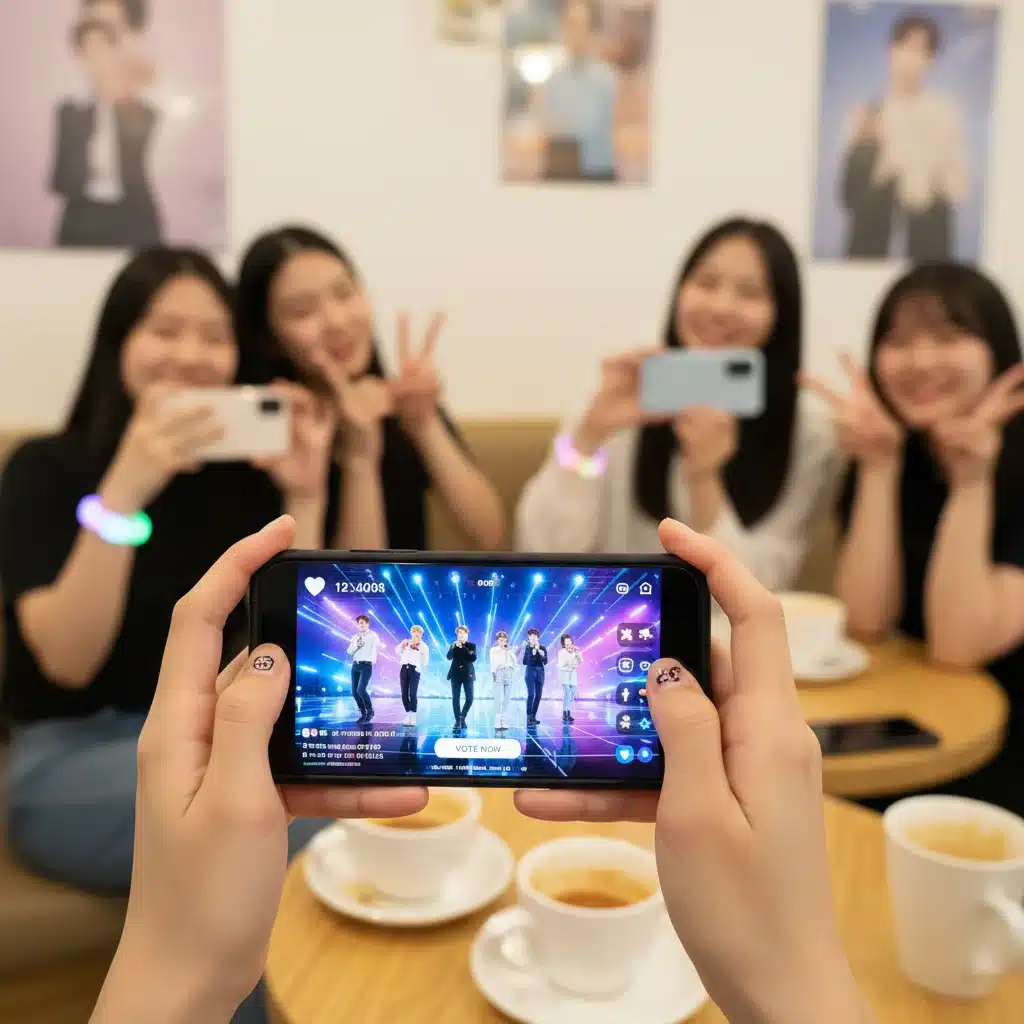 K-Pop fan engaging with idol livestream on smartphone, digital fan participation.