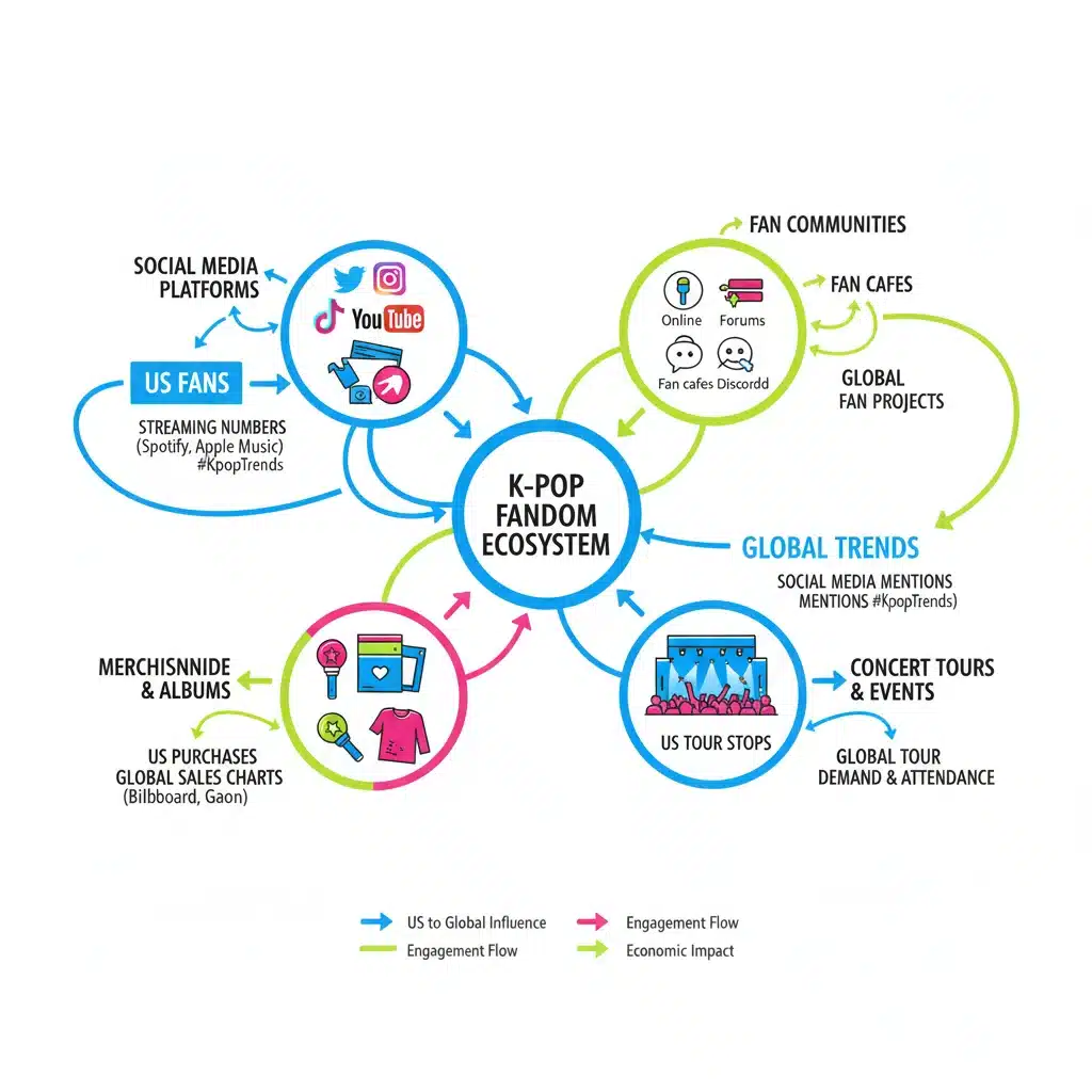 Infographic showing K-Pop global fandom ecosystem, US fan influence on trends.