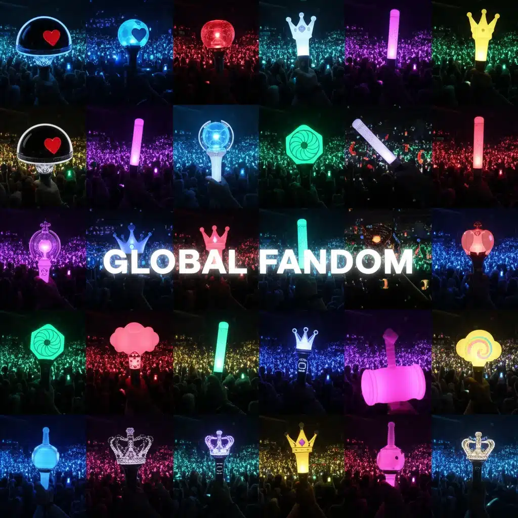Diverse K-Pop fan lightsticks illuminating a concert crowd, representing global fandom power.