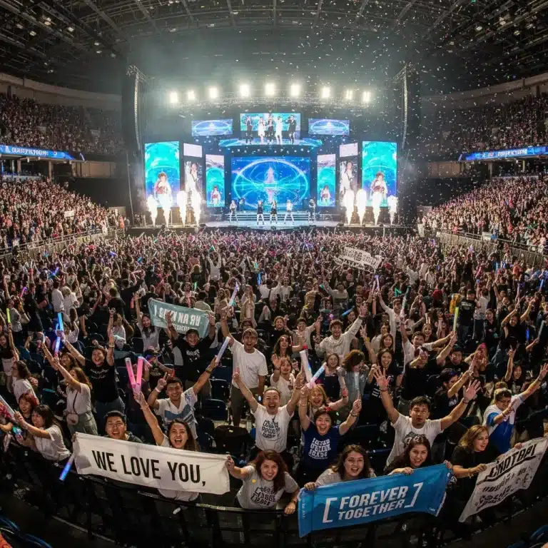 Excited K-Pop fans with lightsticks at a US concert venue.