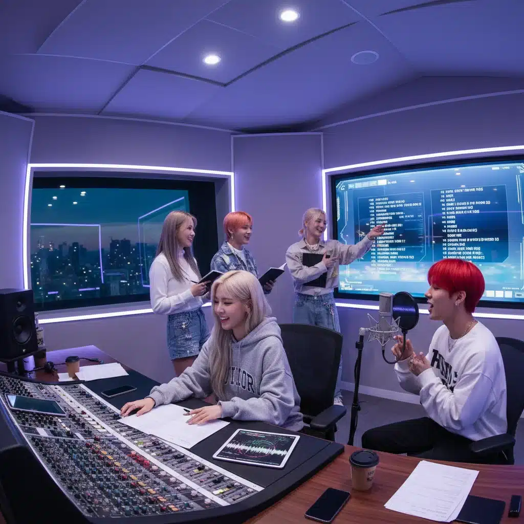 K-Pop group collaborating in a modern recording studio, focused on music production.