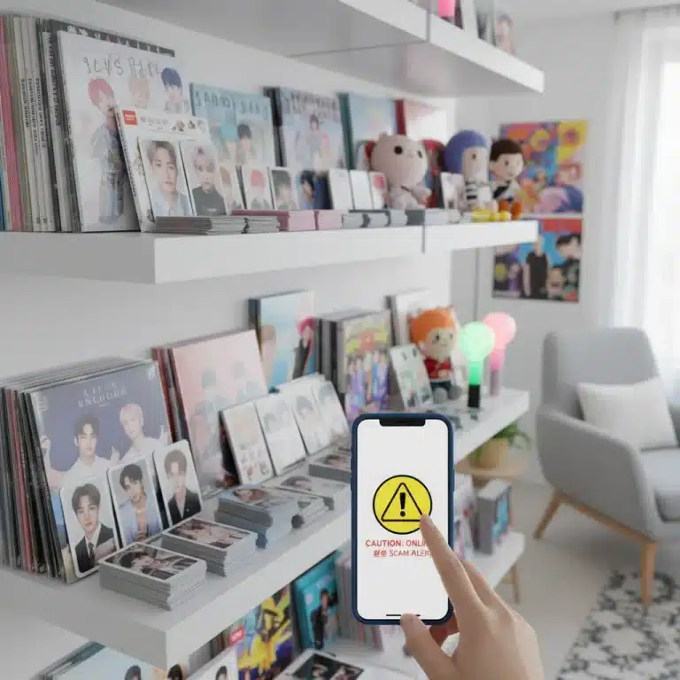 Diverse K-Pop merchandise collection with a hand pointing to a scam warning on a phone.