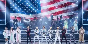Seven K-Pop rookie groups on stage, poised for U.S. breakthrough in 2026, vibrant and energetic.