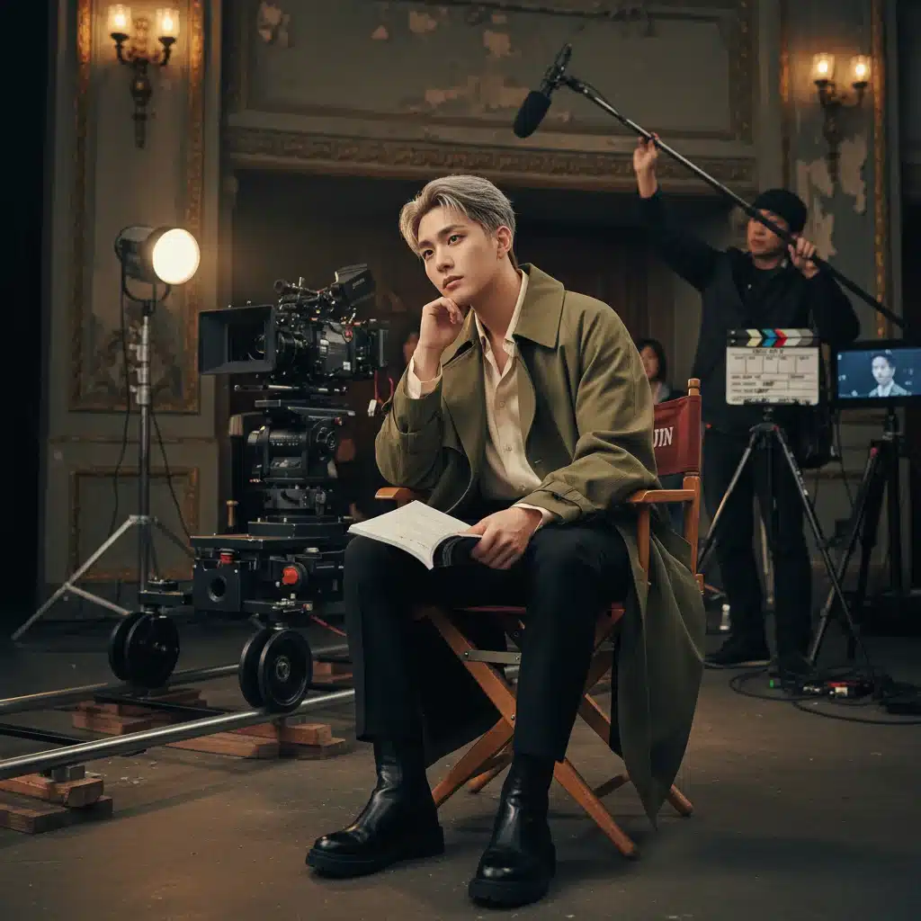 Male K-Pop idol on film set, contemplating acting role