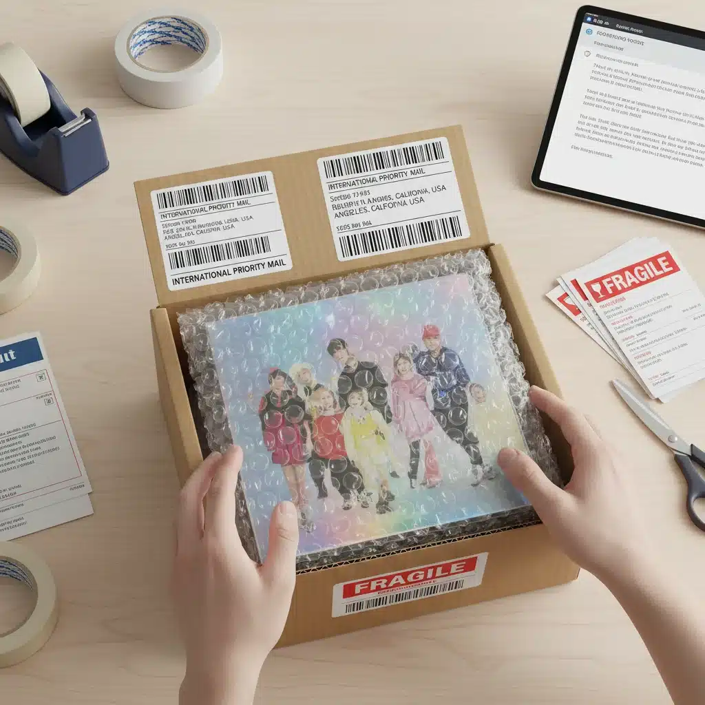 Secure packaging of a K-Pop album for shipping to prevent damage.