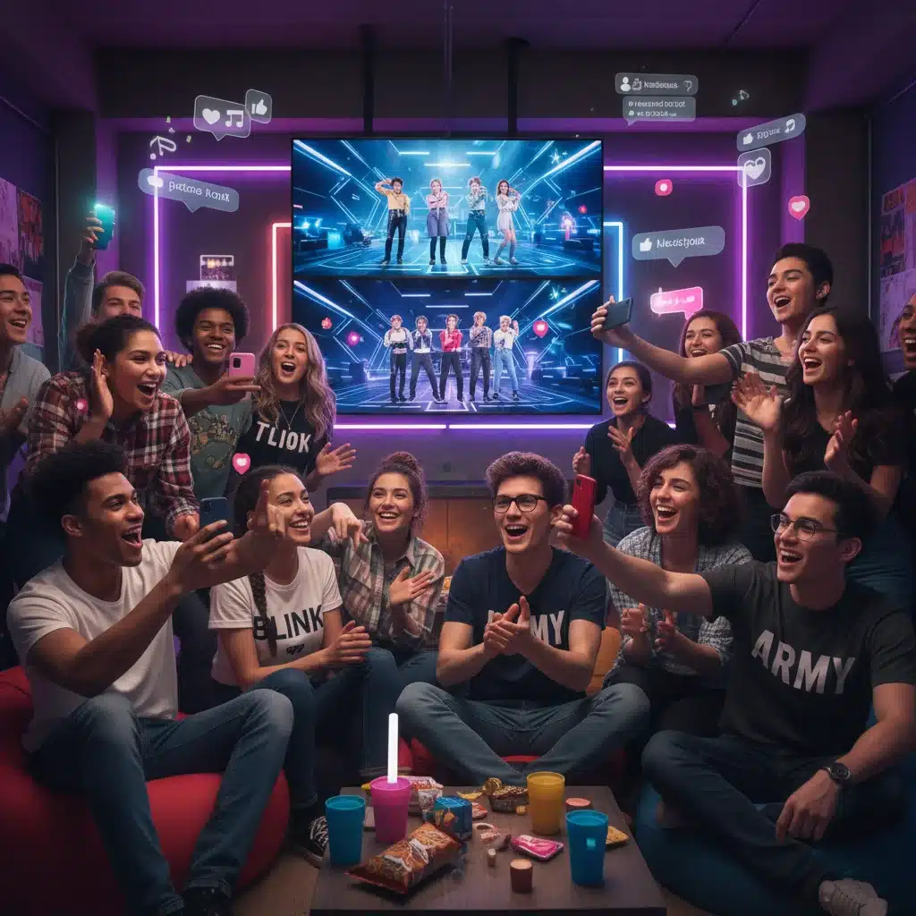 Diverse global K-Pop fans engaging with digital content on smartphones, illustrating fan power.
