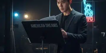 K-Drama actor intensely rehearsing lines for U.S. market appeal in a modern studio.