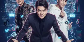 Three prominent K-drama actors depicted amidst social media logos and a US map, symbolizing their digital reach.