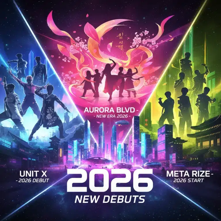 Dynamic K-Pop group concepts collage for 2026 debuts