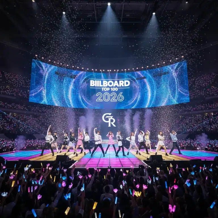 K-Pop group performing on stage with Billboard Top 100 2026 graphic, energized crowd.