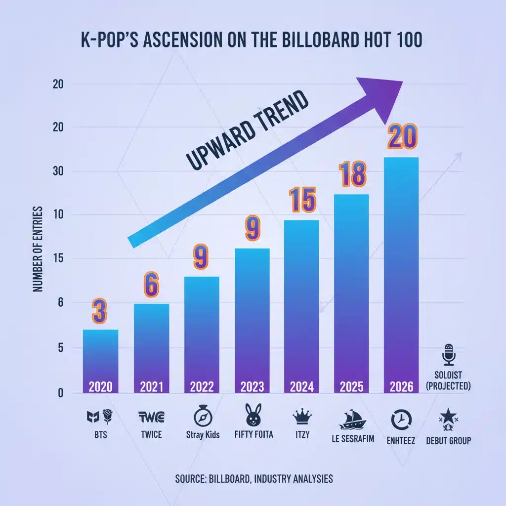 Infographic displaying a rising trend of K-Pop entries on Billboard Hot 100 from 2020 to 2026.